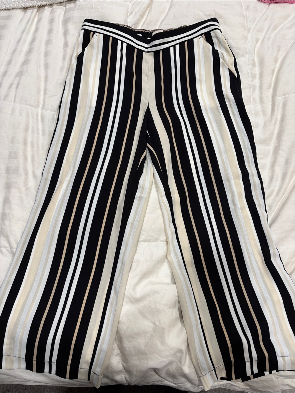 LOFT Black, White & Beige Striped Wide-Leg Pants